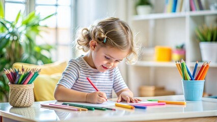 Happy Kindergartener with Crayons: A happy kindergartener drawing with crayons, showcasing creativity.
