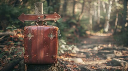 Classic leather suitcase travels on dirt trail with wooden direction sign.