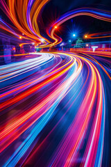 Long-exposure light trails in different colors forming dynamic patterns, symbolizing the movement and flow of ideas. 