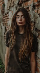 Fototapeta premium Portrait of a young woman with long brown hair, wearing a black t-shirt, standing in front of a brick wall. AI.