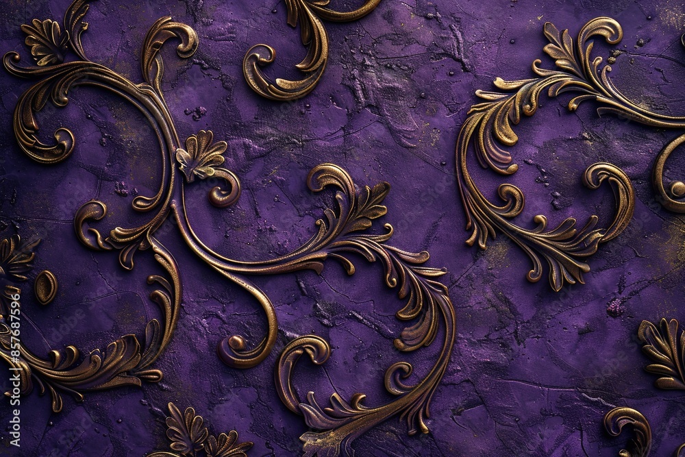 Poster Background, Texture, Purple Paper Decorated with Bronze Scrolls in Victorian Stucco Style