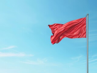 A high detailed red flag waving on a clear blue sky background.