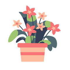 Pink flowers in pot vector illustration, house plant pot icon, cute flower plant clip art, isolated on white background
