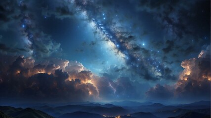 Fototapeta premium A beautiful landscape of a starry night sky with clouds and mountains. AI.