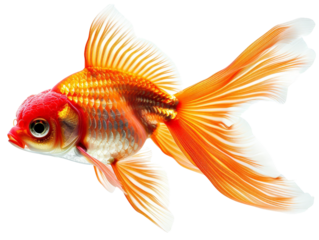 Close-up of a vibrant orange and white goldfish with flowing fins and scales, isolated on a white background. Perfect for aquatic and pet themes.