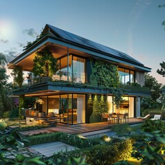 Fototapeta premium Modern eco-friendly house with solar panels, lush greenery, and large windows, emphasizing sustainable architecture and contemporary design.