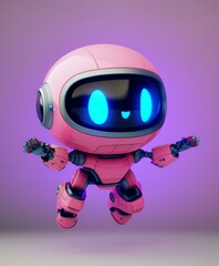 A cute pink robot with blue eyes is floating in the air with its arms outstretched. AI.