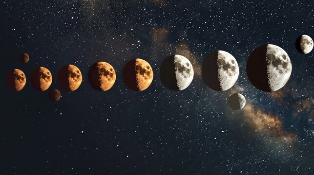 A series of framed prints, each depicting a different phase of the moon against a dark sky, lined up in chronological order