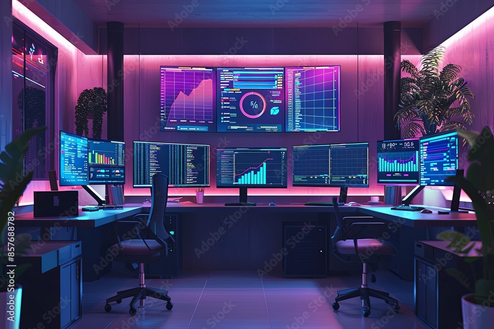 Aufkleber A modern office space showcasing a marketers workstation with screens displaying AI algorithms, user behavior analysis, and ad campaign optimization. Generative AI