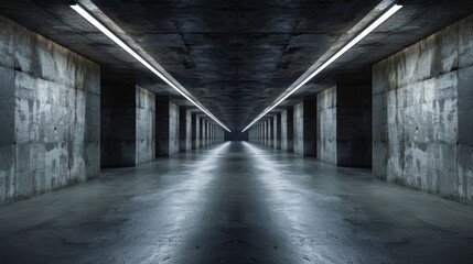 Dark concrete tunnel in a warehouse, stark white lighting creating an empty, realistic 3D scene, raw and detailed texture