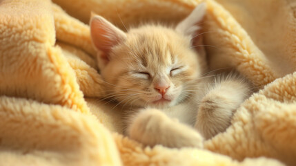 Fototapeta premium A cute sleeping baby cat in blanket