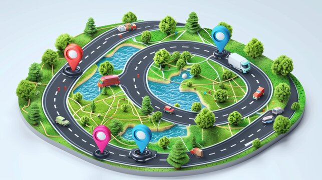 Detailed isometric vector of a winding road, map pins marking key points, illustrating logistics and delivery, raw style