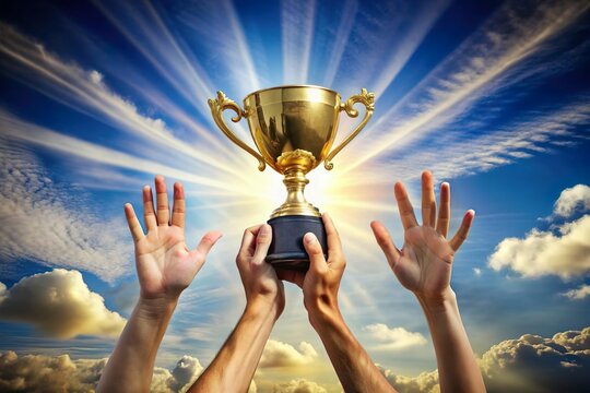 hands compete for golden trophy cup. Contest prize competition