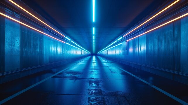 Fototapeta neon blue lights with moving along dark tunnel illuminated