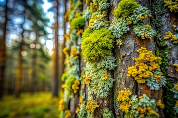 Fototapeta premium lichen layer grow on tree bark close up. symbiotic life form