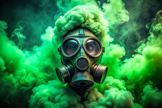 gas mask protection in toxic green smoke 