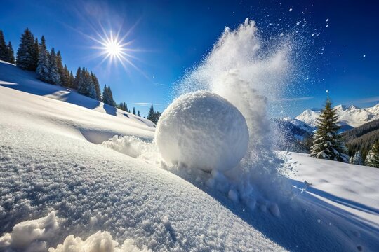 big snow ball roll down hill slope in motion