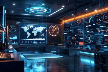 A futuristic marketing office showcasing screens displaying AI algorithms analyzing user behavior and optimizing ad campaigns. Generative AI