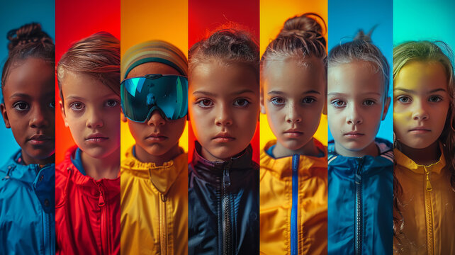 Collage. Children, boys and girls training, practicing different kind of sports over multicolored background in neon light.genearive ai