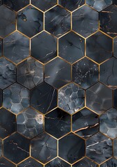 Dark grey and gold hexagonal tiles with a dark blue marble pattern ai generative