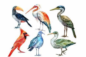 Watercolor illustration of wild birds, white isolated background.