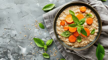 Bowl of buckwheat porridge with cooked carrots garnished with green leaves on a cloth napkin on a gray surface