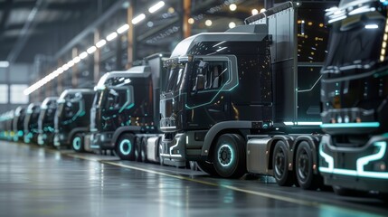 Fleet of zero-emission logistics trucks in highbay storage, eco-friendly transportation concept, raw and professional, detailed view