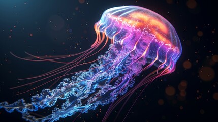 Glowing neon jellyfish in 3D, floating elegantly against a black background, raw texture, vibrant and detailed
