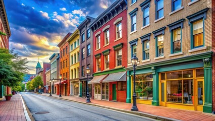 Empty city street with colorful buildings and storefronts , urban, sidewalk, architecture, bustling, crowded, paved road, cityscape, downtown, pedestrian walkway, urban landscape, no people