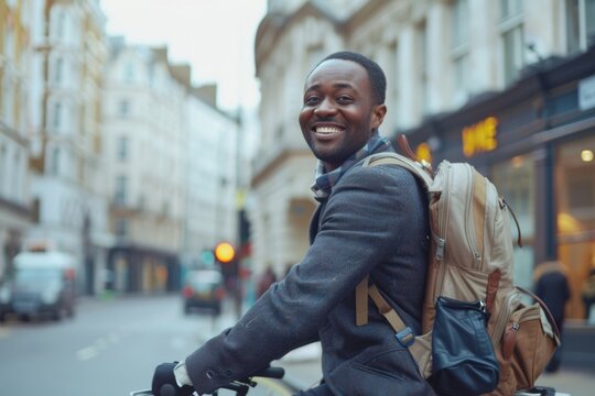 Smiling man riding a bike in the city, symbolizing urban commuting and a healthy lifestyle