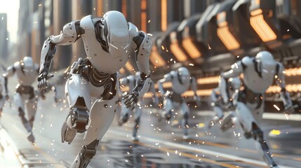 Fototapeta premium Group of robots in a marathon, sprinting with raw energy and detail, futuristic and dynamic scene, capturing speed and motion