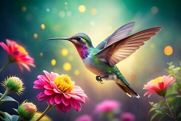 Fototapeta premium Hummingbird flying to pick up nectar from a beautiful flower.AI GENERATED