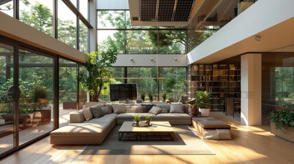 Modern living room with large windows, natural light, comfortable seating, and green plants creating a cozy and inviting atmosphere.
