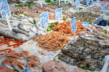 Fresh seafood and fish for sale at a market in Naples, Italy