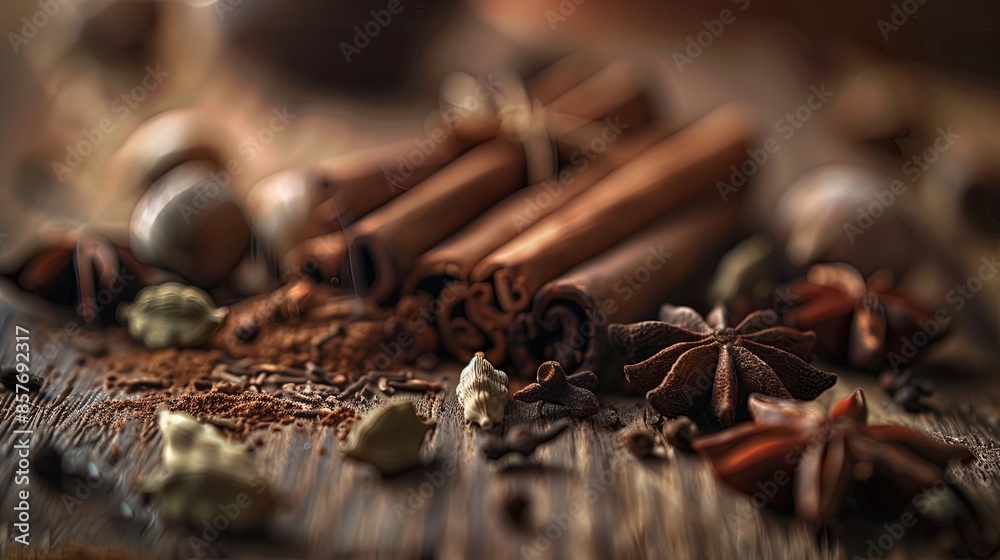 Poster a close-up shot of cinnamon sticks, cardamom pods, cloves, and star anise arranged on a wooden surfa