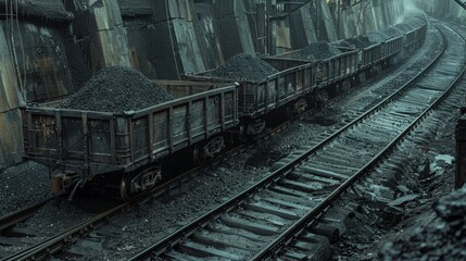 Industrial railway scene with dark wagons transporting coal, mined ore in motion, gritty and raw, detailed textures
