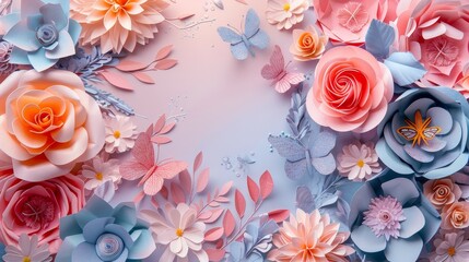 Isolated pastel paper flowers and butterflies, abstract botanical background with roses, daisies, dahlias, and leaves, raw texture