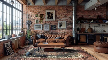 Living room interior in loft style, featuring an industrial design with a leather classic sofa, exposed brick walls, 3D render, raw detail