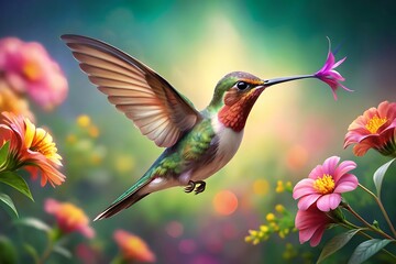 Fototapeta premium Hummingbird flying to pick up nectar from a beautiful flower.AI GENERATED