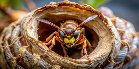 Closeup view of hornet on the nest background, hornet, insect, closeup, nest, nature, wildlife, yellow jacket, stinger, danger, macro, colony, aggressive, poisonous, yellow, black, striped