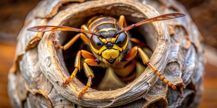Closeup view of hornet on the nest background, hornet, insect, closeup, nest, nature, wildlife, yellow jacket, stinger, danger, macro, colony, aggressive, poisonous, yellow, black, striped
