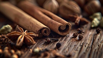 Close-up of various spices, including cinnamon sticks, cardamom pods, cloves, and star anise, arranged on a wooden surface. Generative AI