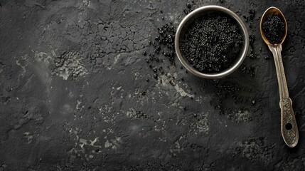 Bird s eye view of bowl and spoon with delicious black caviar on dark concrete surface with empty area