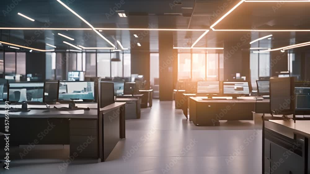 Poster modern office workspace with computer monitors generative ai