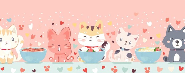 Obraz premium Adorable banner with cute, illustrated pets and their food bowls, against a pastelcolored background with hearts and paw prints Cute pet food banner, Adorable and illustrated pets