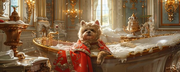 Banner with a royal palace theme, showing pets in regal attire enjoying luxurious spa treatments in an opulent setting Royal palace pet spa banner, Regal attire and opulent setting