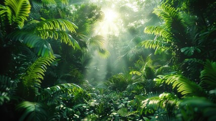 Dense tropical jungle with sunlight filtering through the lush green foliage, ideal for nature and adventure themes