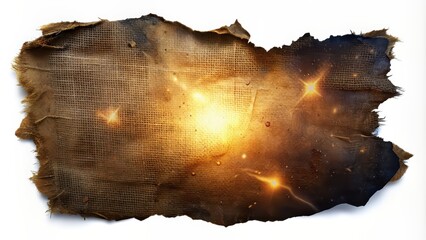 Fototapeta premium Piece of torn burlap on a white background resembling canvas used as packing material, Burlap, texture, torn, white background, canvas, packing, material, rustic, rough, textile, natural