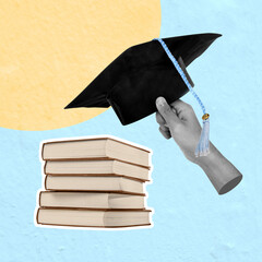Hand holding graduation cap over stack of books for educational concept
