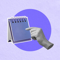 Hand pointing at blank calendar on minimalist purple background